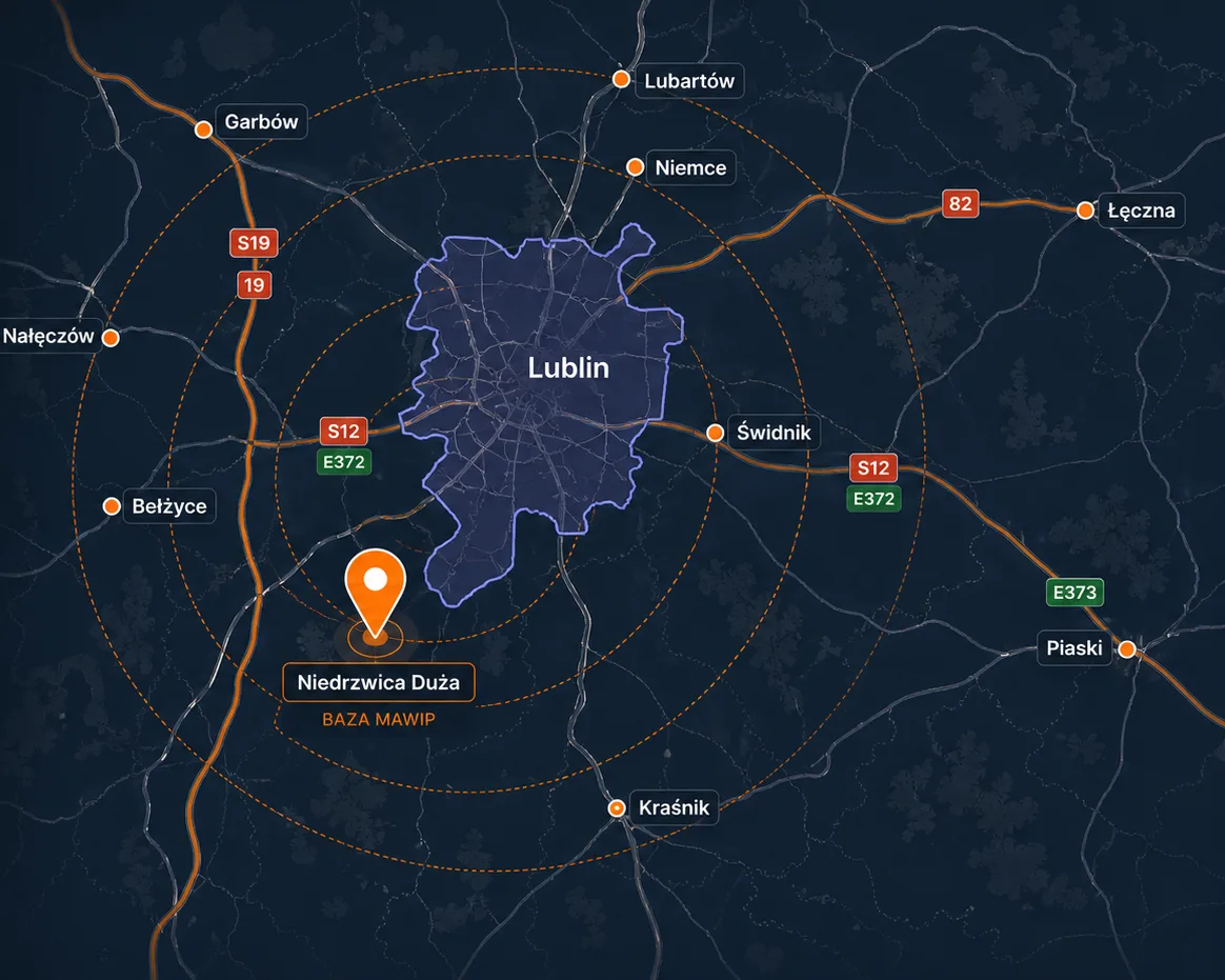 Mapa zasięgu lokalnej obsługi MAWIP pod Lublinem